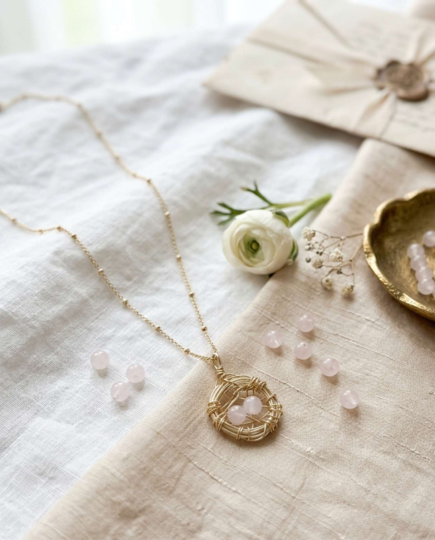 Collar Nido de Amor con Perlas de Cuarzo Rosa | Regalo para Mamá – Luna Luz