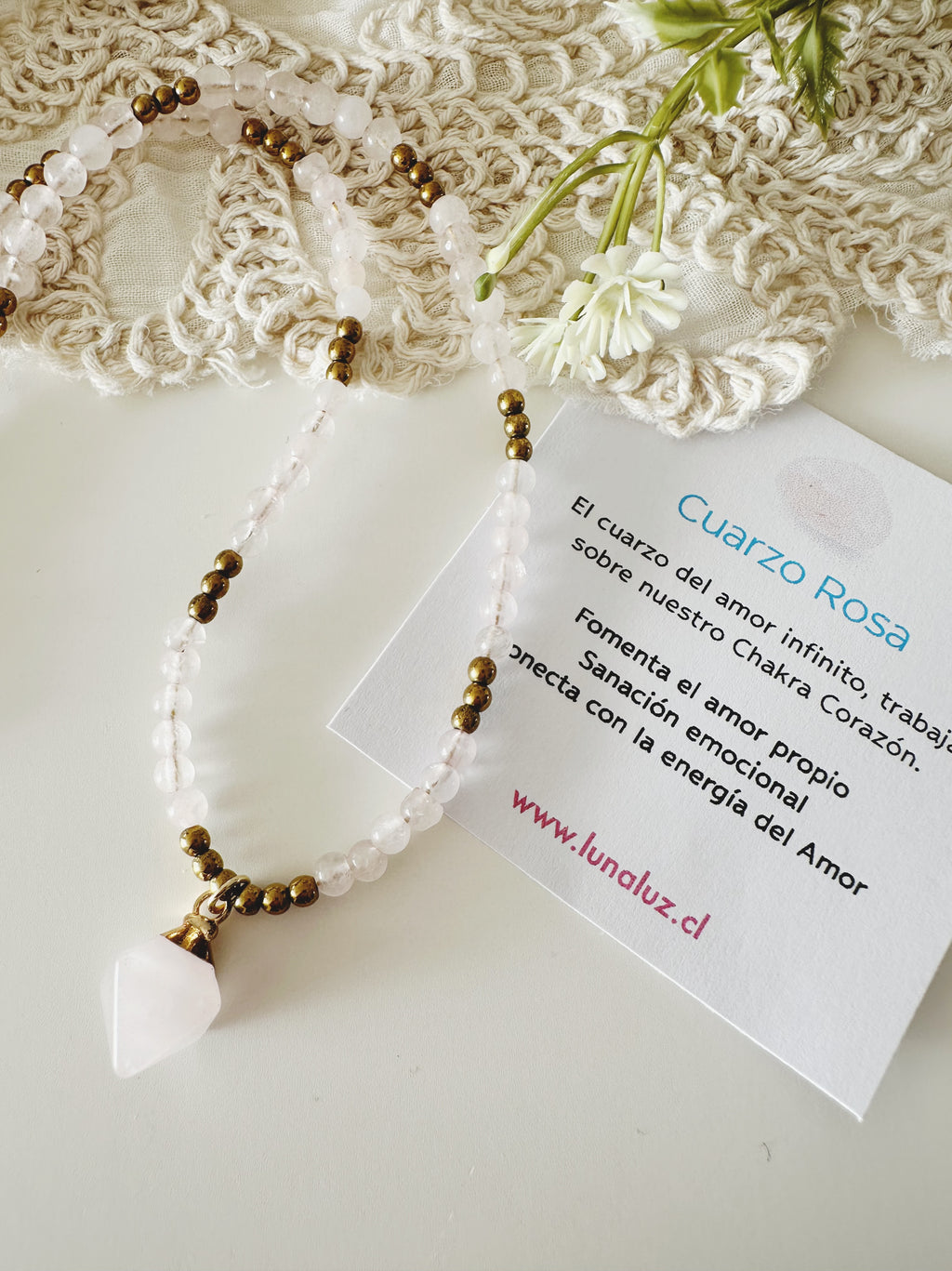 Collar "Amor, Calma y Energía del Corazón" en piedra de Cuarzo Rosa