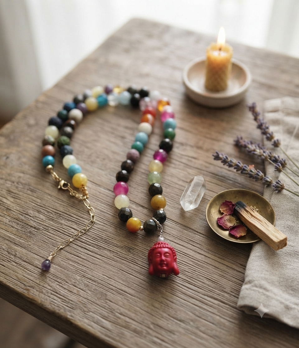Collar "Jardin del alma" en piedras multicolores y colgante Buda