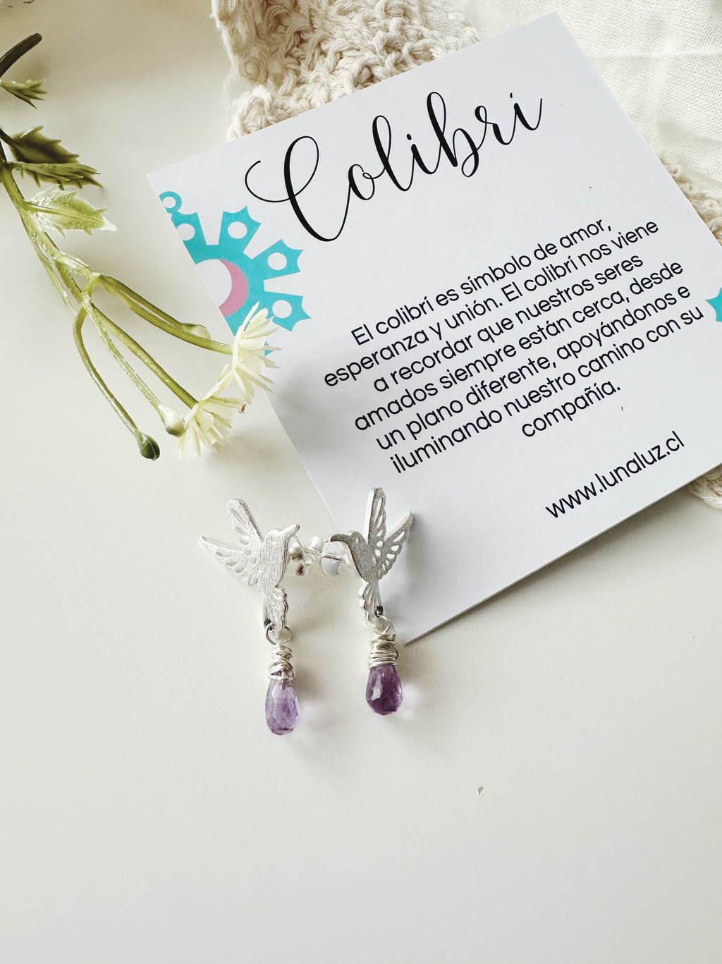 Aros Colibrí Piedra Amatista "Sabiduría y Calma"