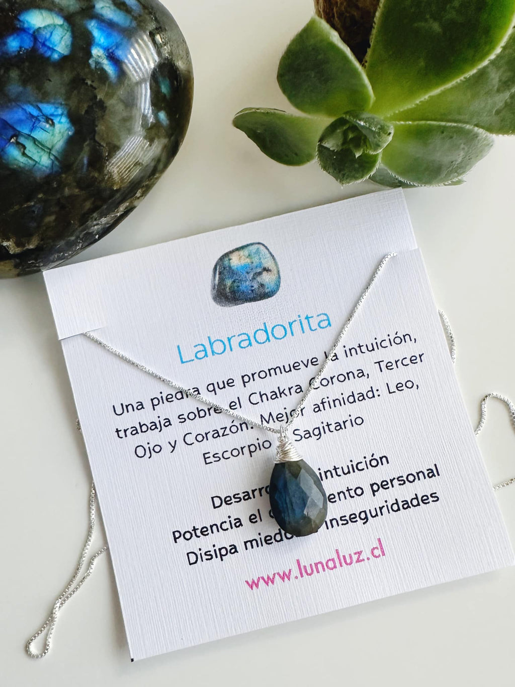 Collar de Plata 925 Amuleto Labradorita. Incluye significado de la piedra y packing para regalo