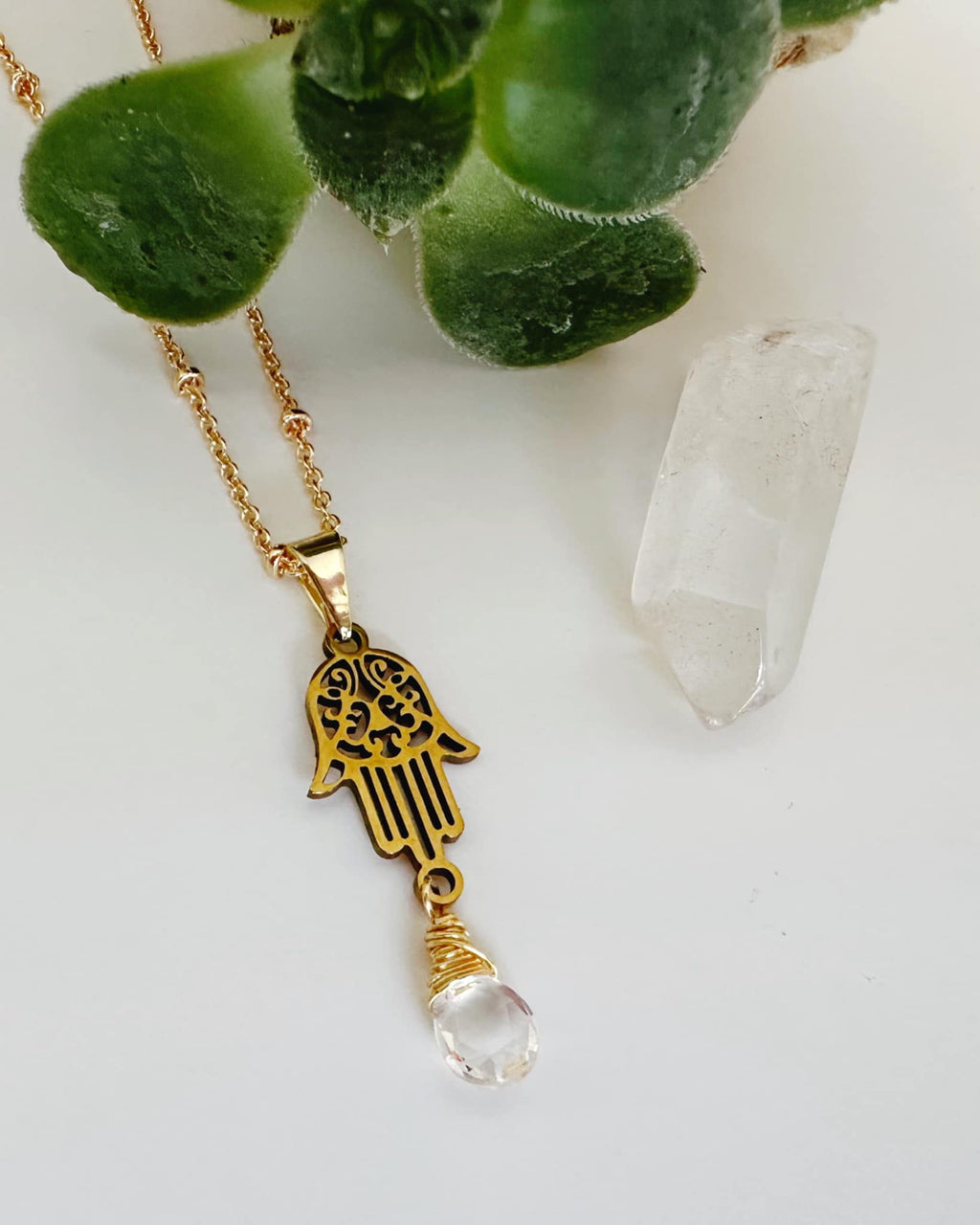 Collar Fátima y Cuarzo Cristal. Incluye significado y Packing para regalo