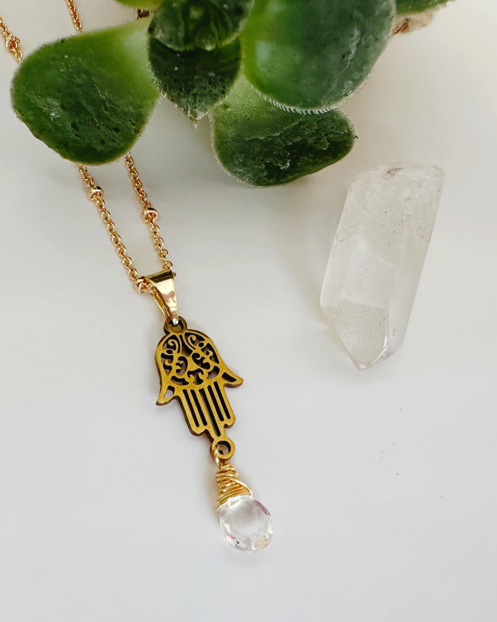 Collar Fátima y Cuarzo Cristal. Incluye significado y Packing para regalo