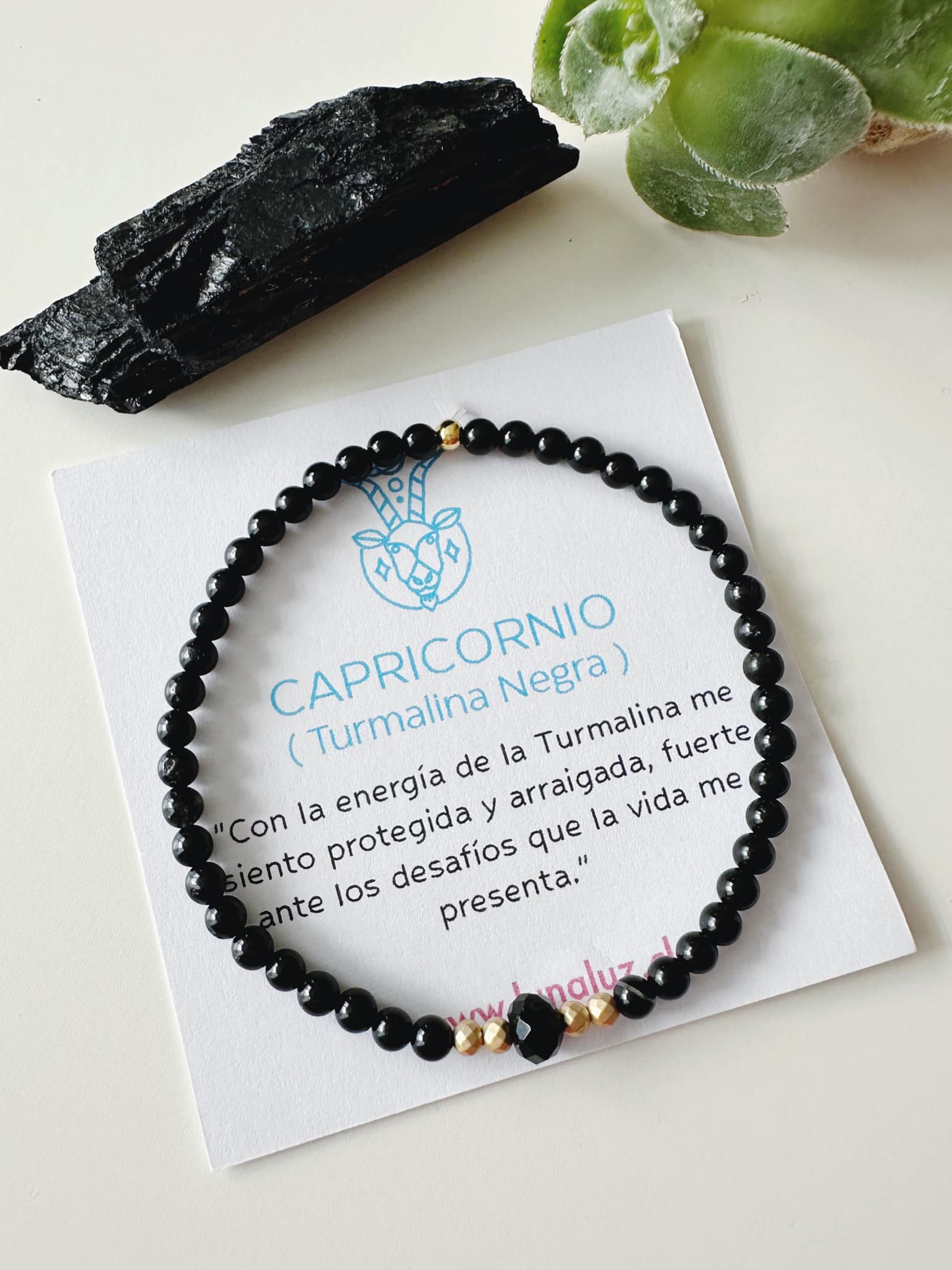 Pulsera signo Capricornio en Piedra Turmalina Negra. Incluye mensaje especial y packing para regalo