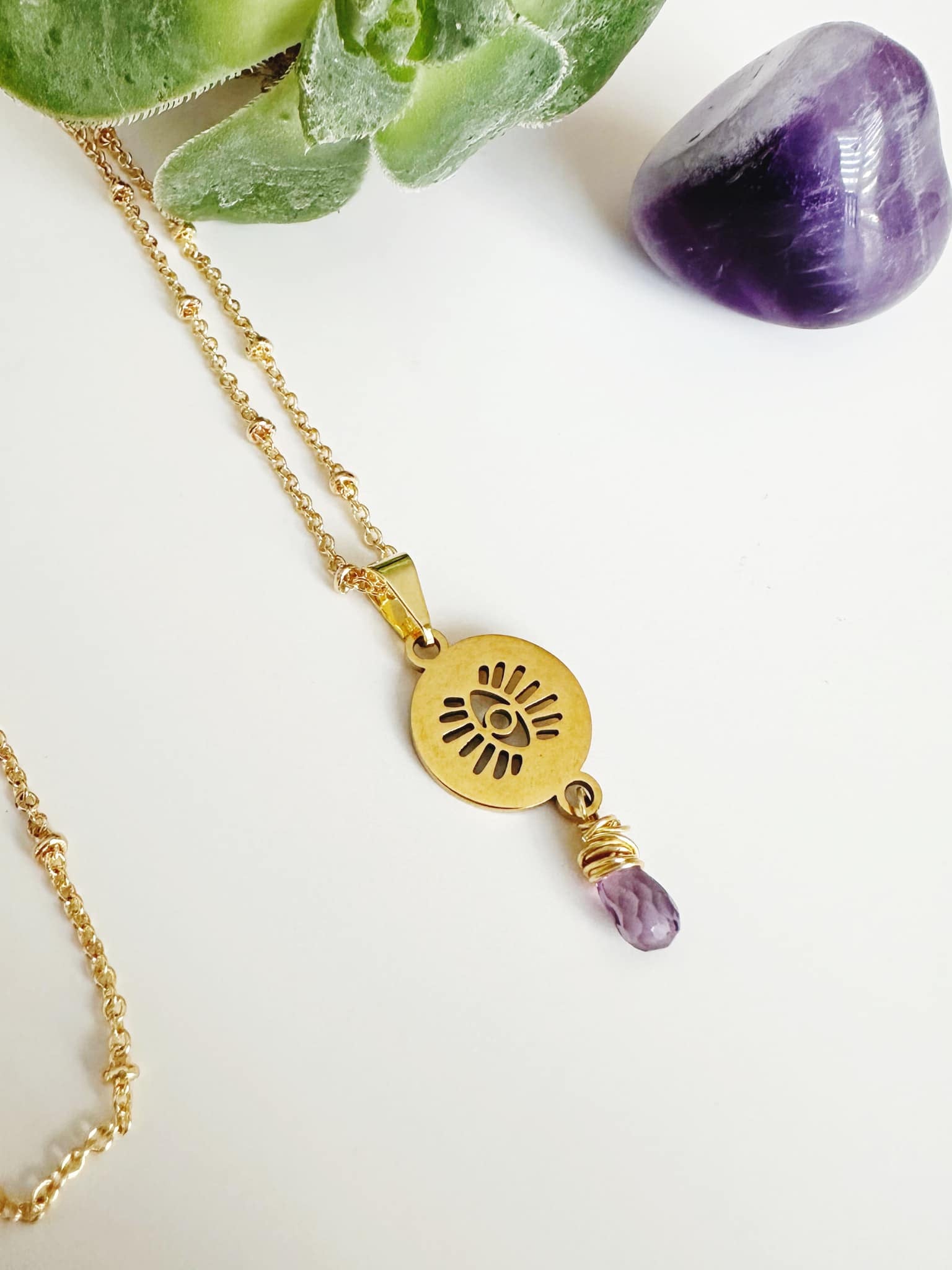 Collar Ojo de protección Amatista. Incluye significado y packing para regalo