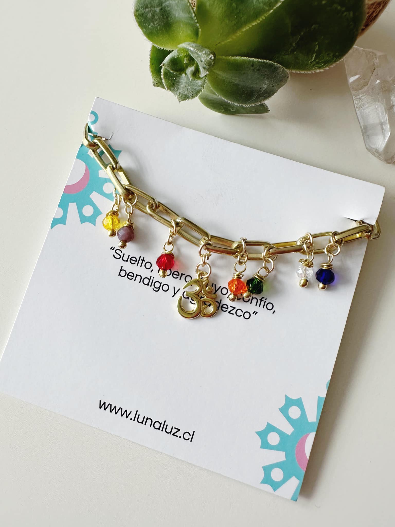 Pulsera 7 chakras. Incluye mantra impreso y packing para regalo