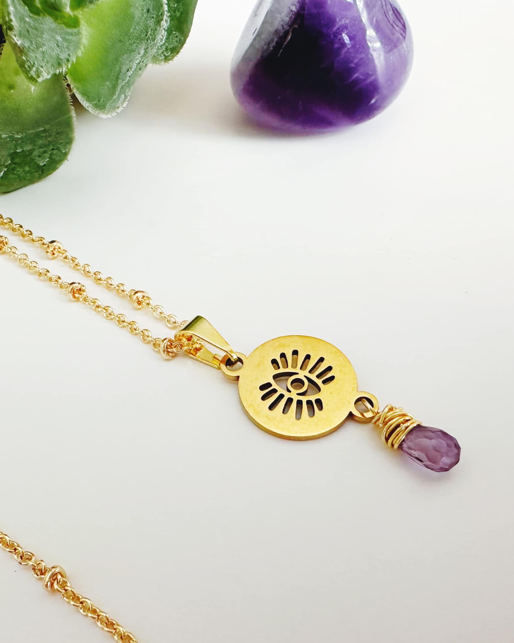 Collar Ojo de protección Amatista. Incluye significado y packing para regalo
