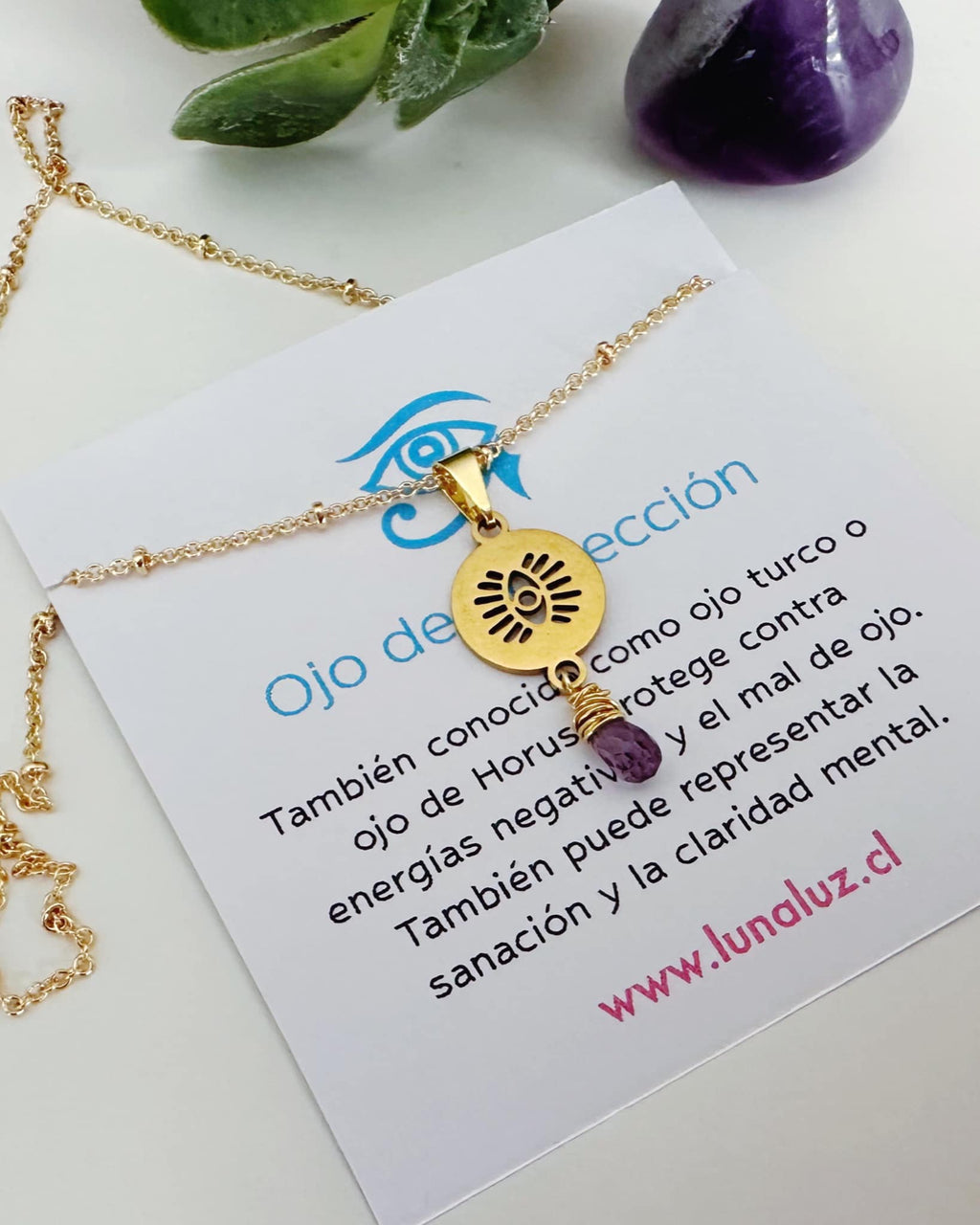 Collar Ojo de protección Amatista. Incluye significado y packing para regalo