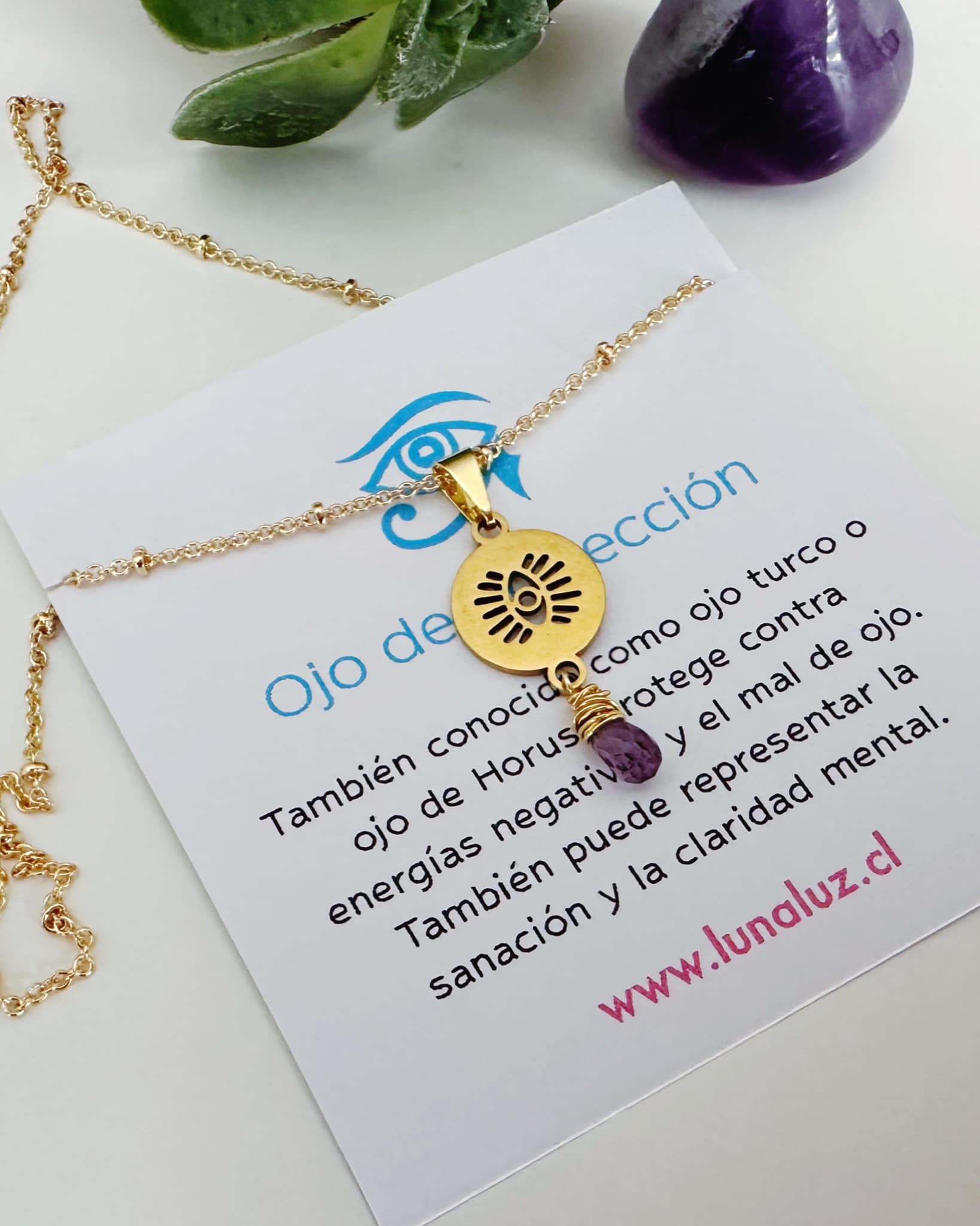 Collar Ojo de protección Amatista. Incluye significado y packing para regalo