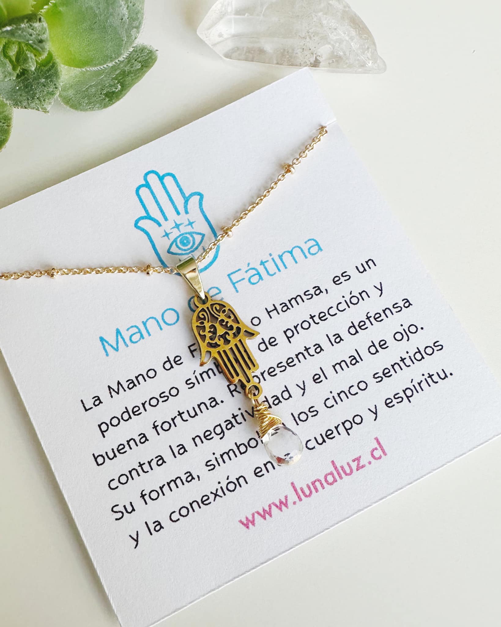 Collar Fátima y Cuarzo Cristal. Incluye significado y Packing para regalo