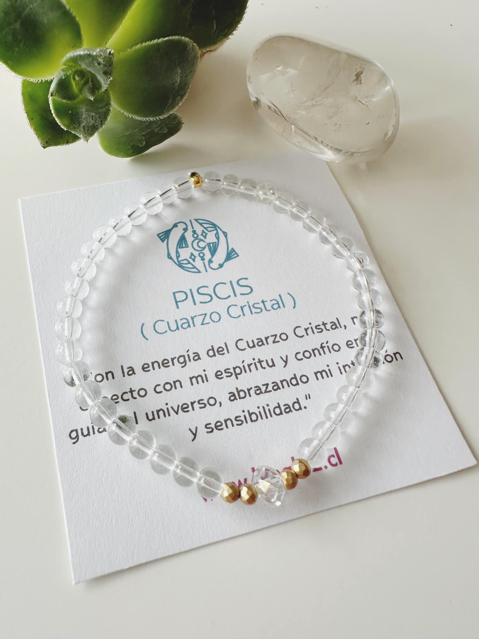 Pulsera signo Piscis en Cuarzo Cristal. Incluye mensaje especial y Packing para regalo