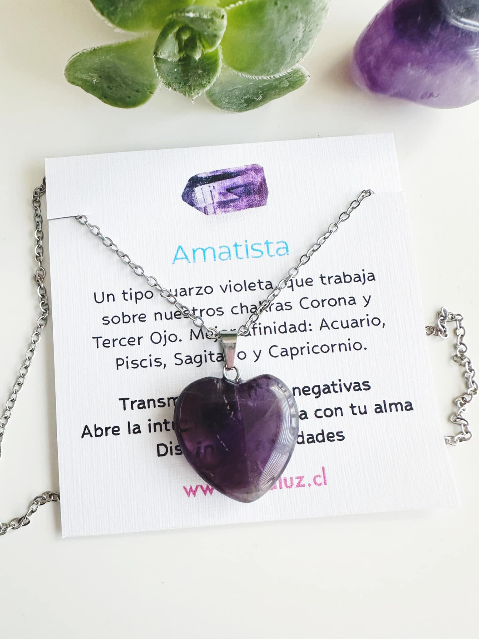 Collar corazón Amatista. Incluye significado de la piedra y packing para regalo