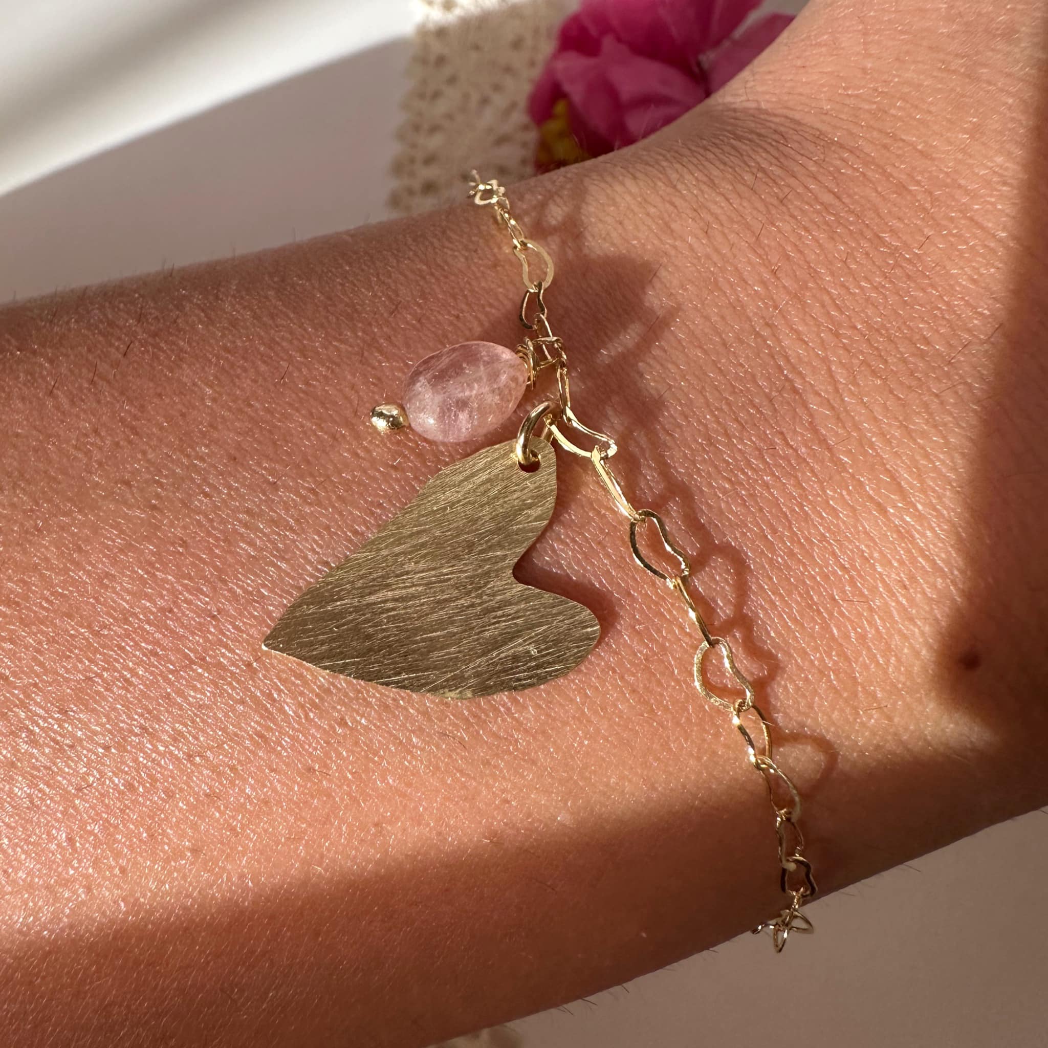 Pulsera Corazón en Cuarzo Frutilla. Incluye significado de la piedra y packing para regalo