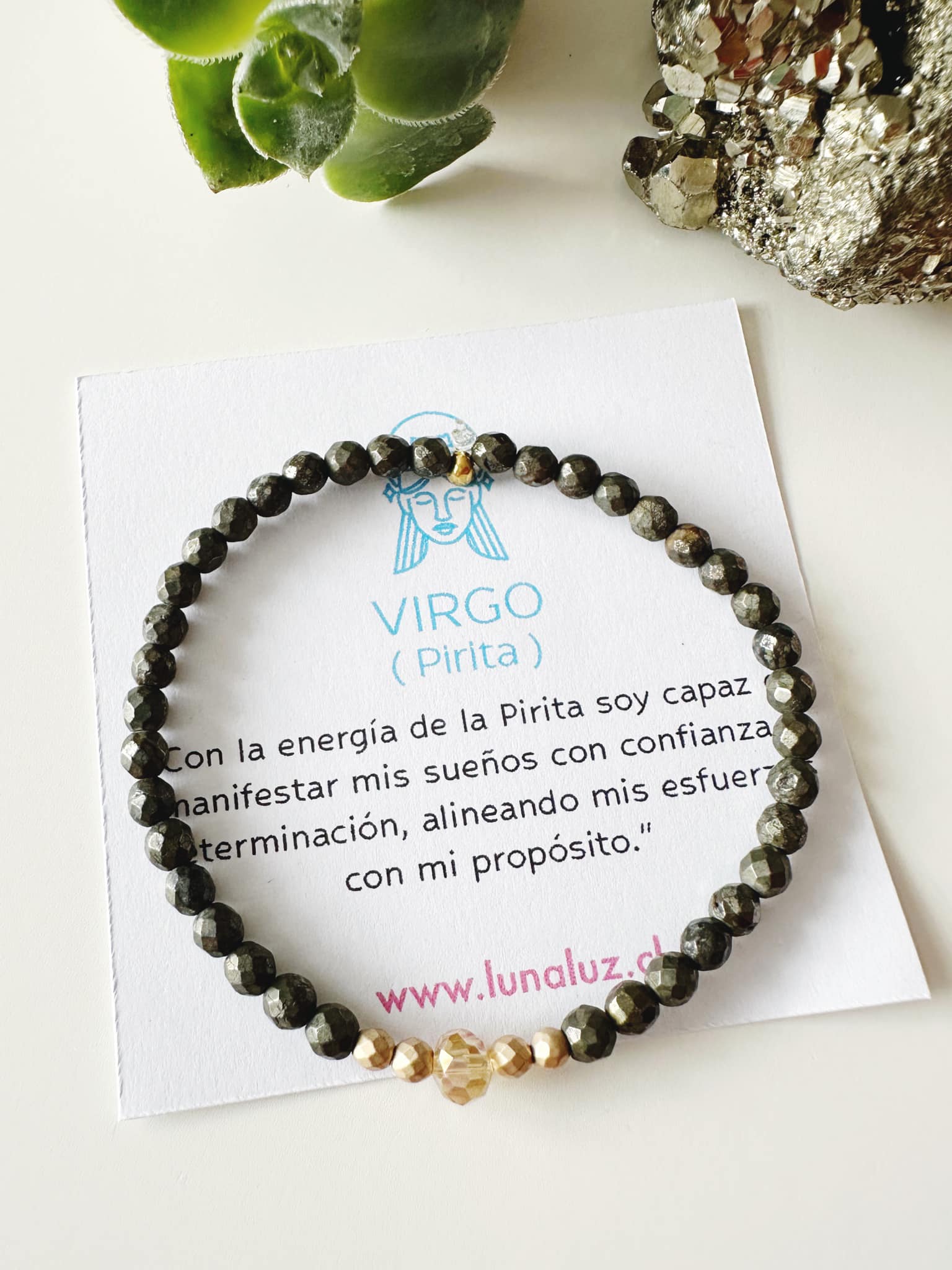 Pulsera Amuleto para Virgo en piedra Pirita . Incluye mensaje especial y Packing para regalo