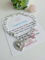 Pulsera corazón y piedras Cuarzo Rosa . Incluye significado de la piedra y Packing para regalo