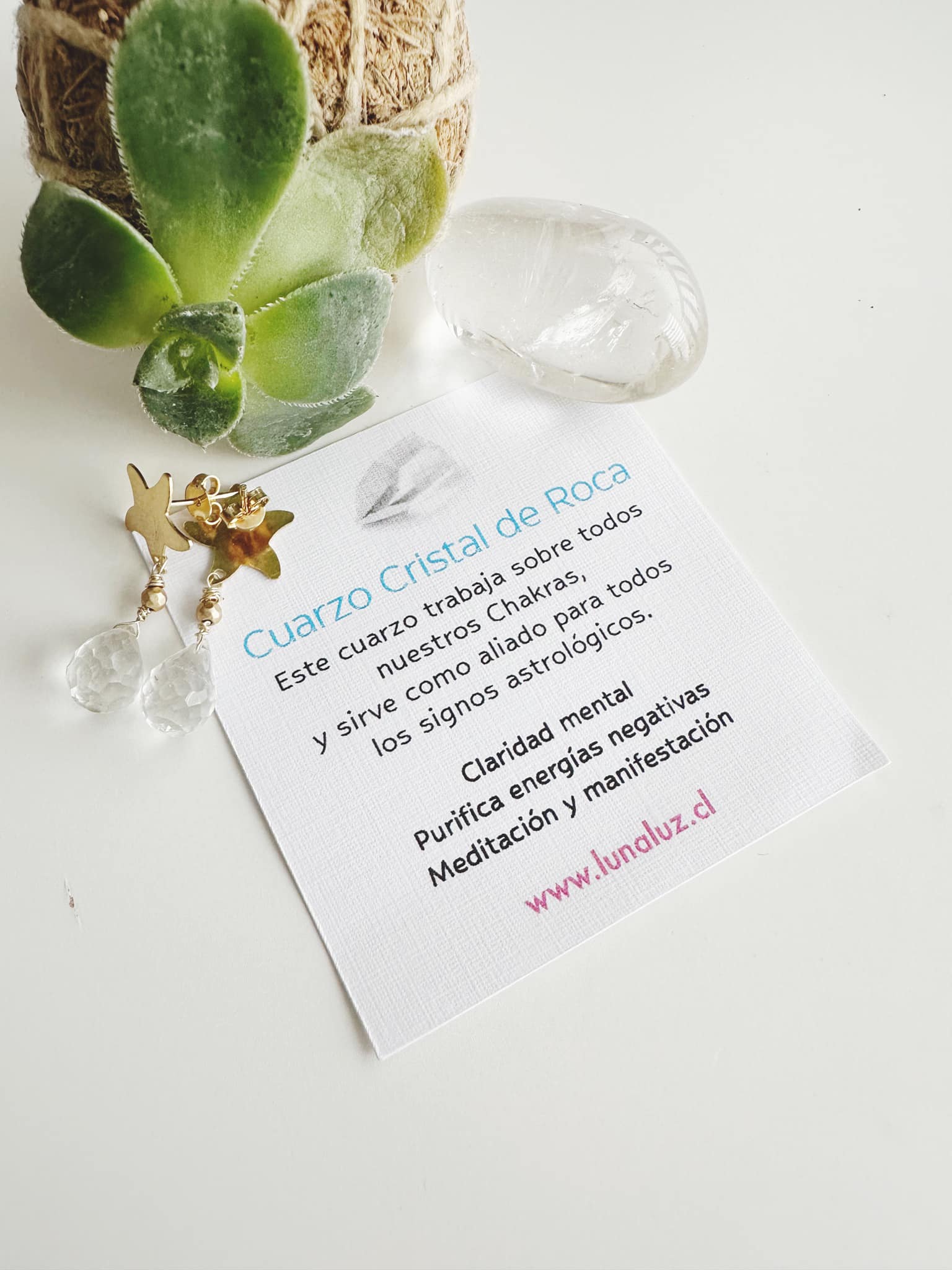 Aros estrella Cuarzo Cristal. Incluye significado de la piedra  y packing para regalo