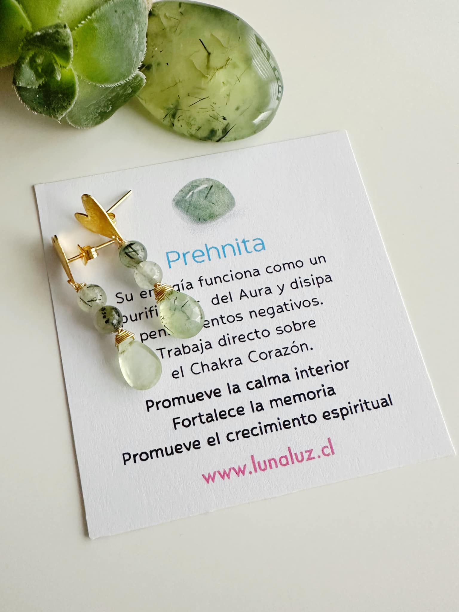 Aros piedra Prehnita. Inclye significado de la piedra y Packing para regalo