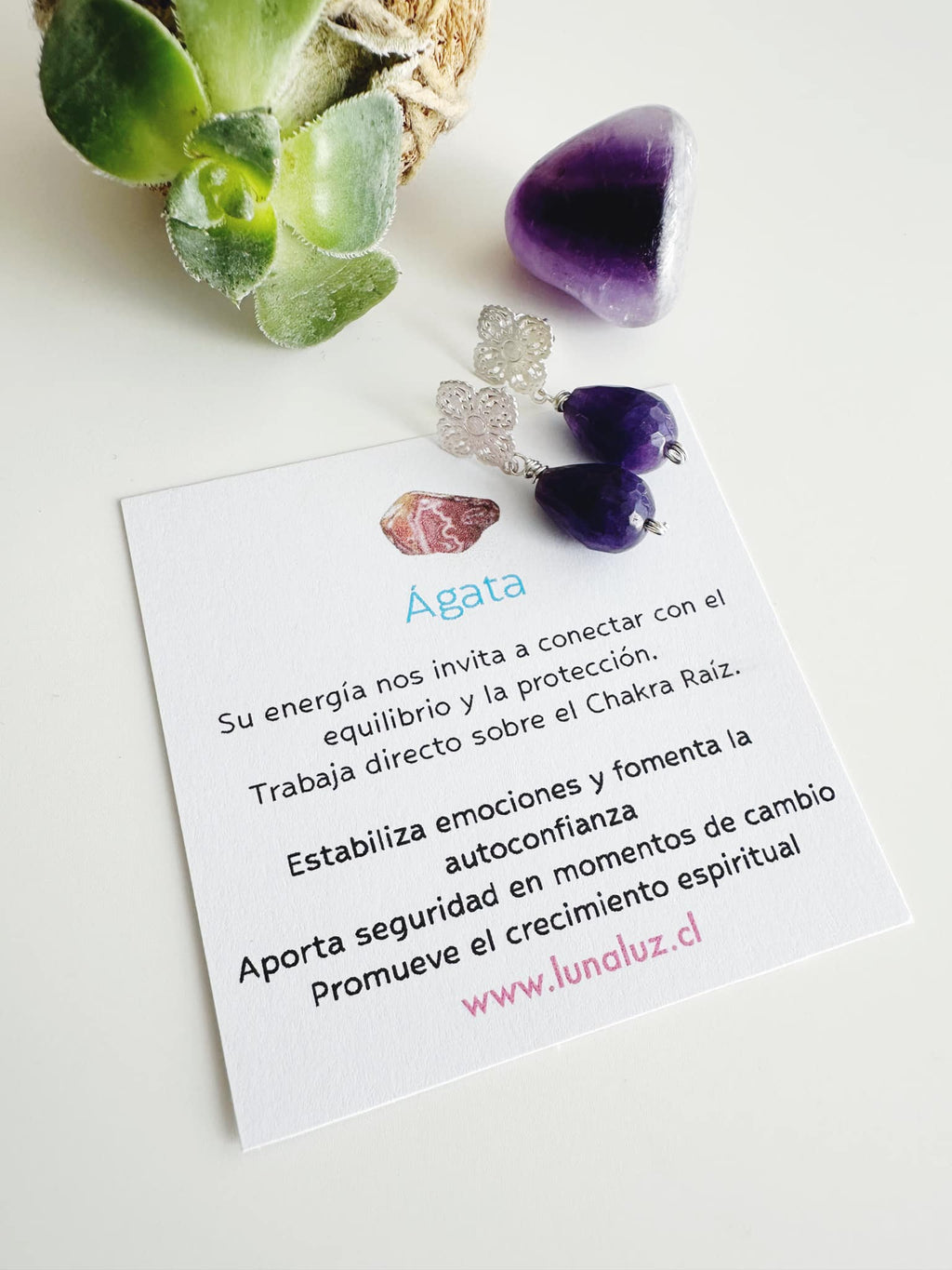 Aros silver Agata Violeta incluye significado de su piedra y Packing para regalo