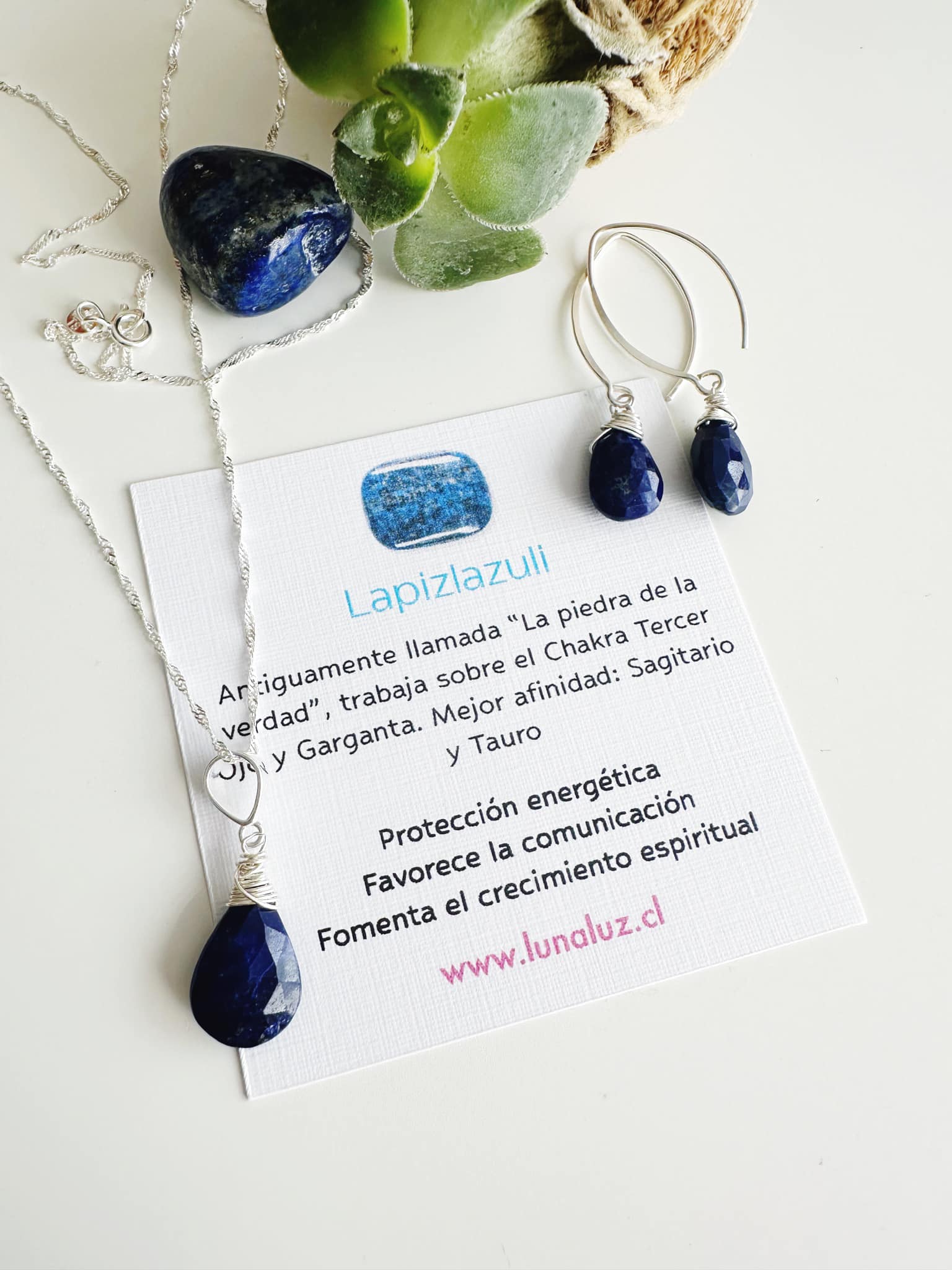 Conjunto de Plata en piedras Lapislázuli. Incluye significado de la piedra y packing para regalo