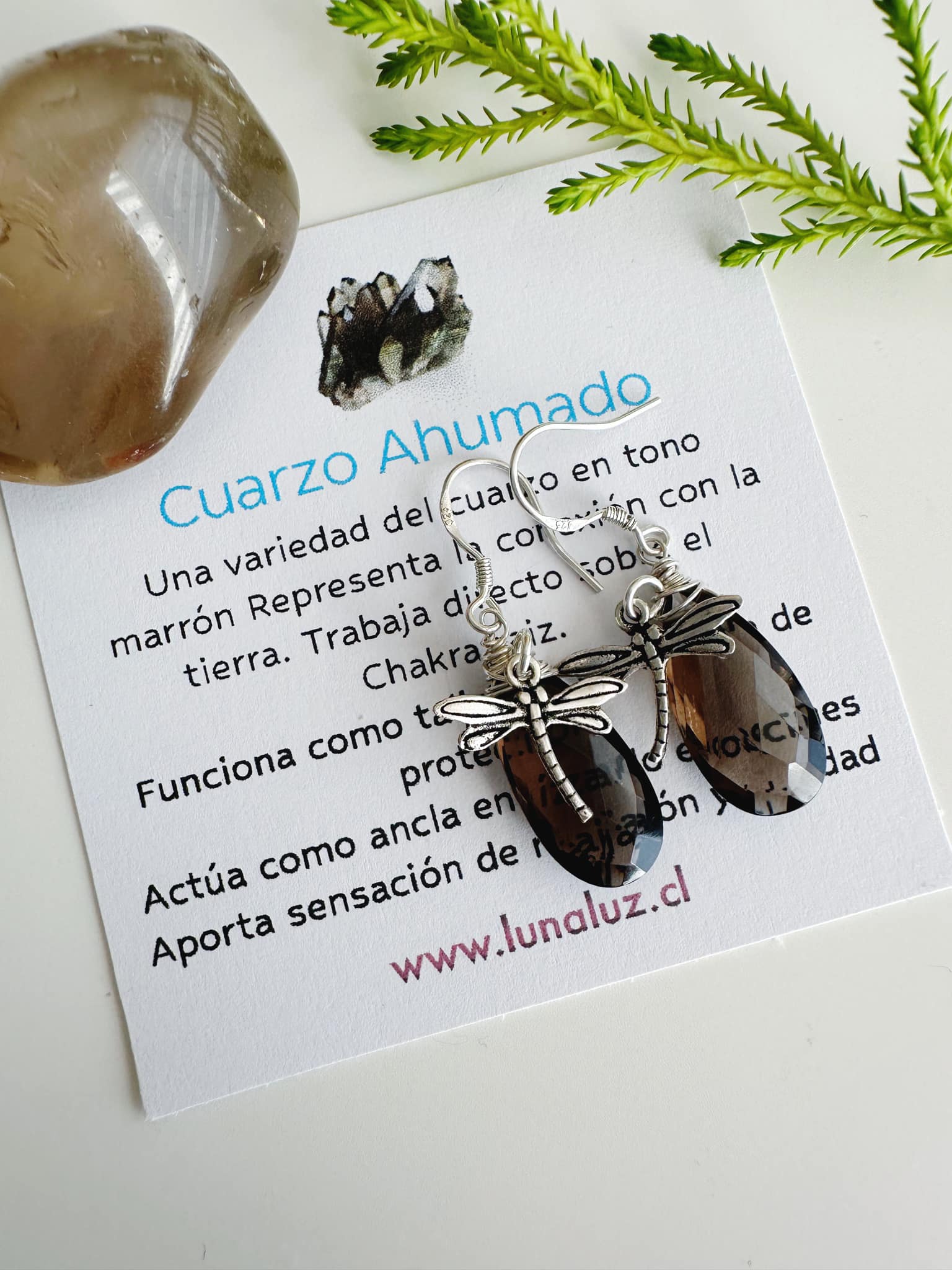 Aros de Plata 925 en piedra Cuarzo Ahumado. Incluye significado de la piedra y packing para regalo
