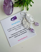Aros de hoja en piedras de Amatista. Incluye significado de la piedra y Packing para regalo