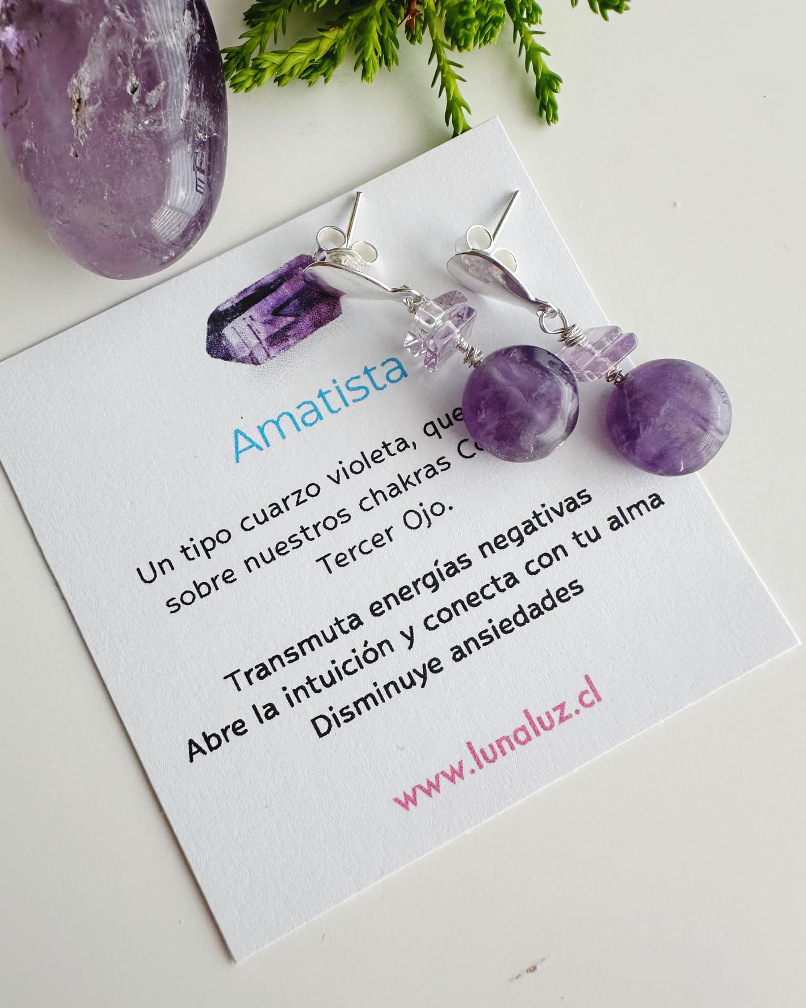 Aros de Plata con piedras Amatista. Incluye significado de la piedra y Packing para regalo