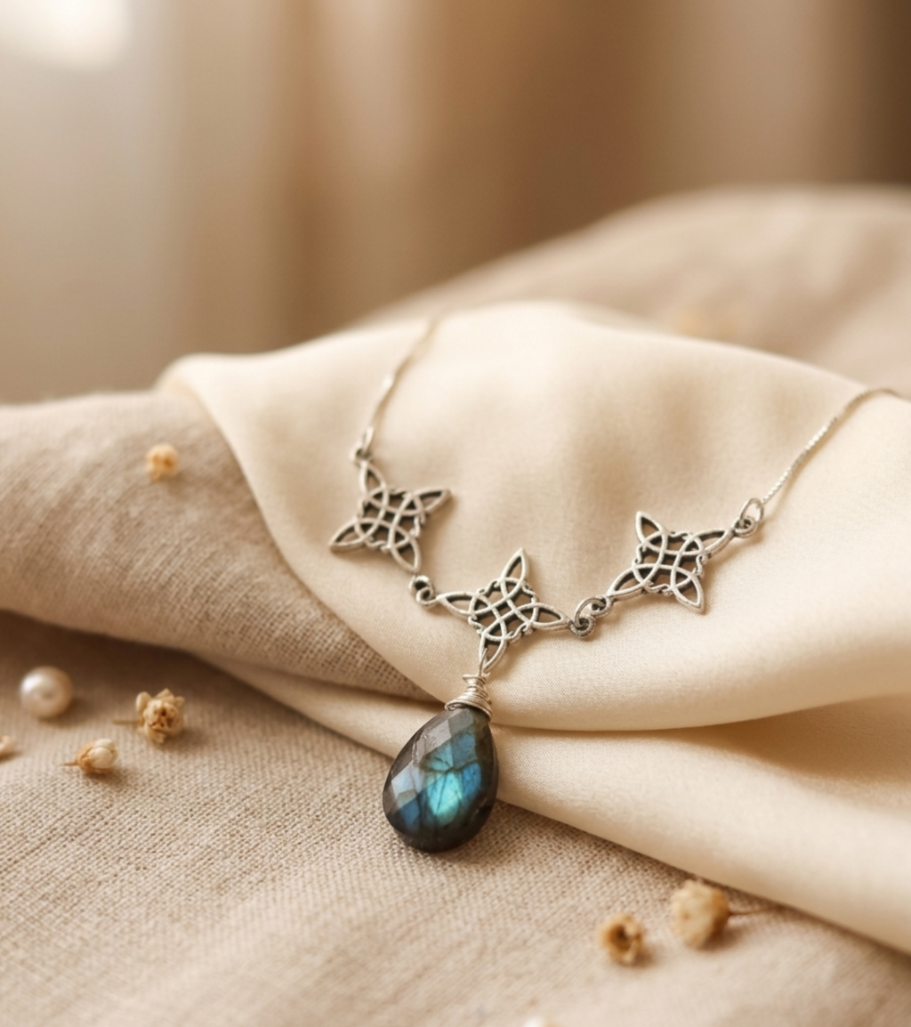 Collar trilogía "Protección Mística" Nudo de Bruja y piedra Labradorita