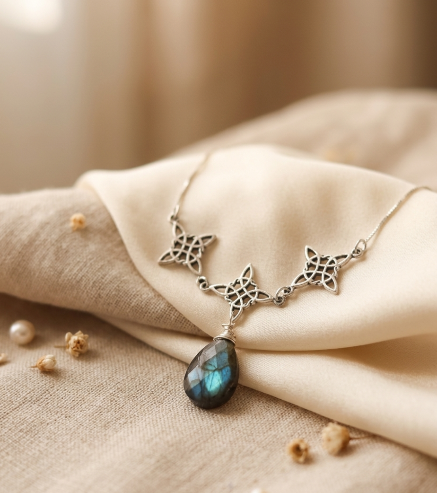 Collar trilogía "Protección Mística" Nudo de Bruja y piedra Labradorita