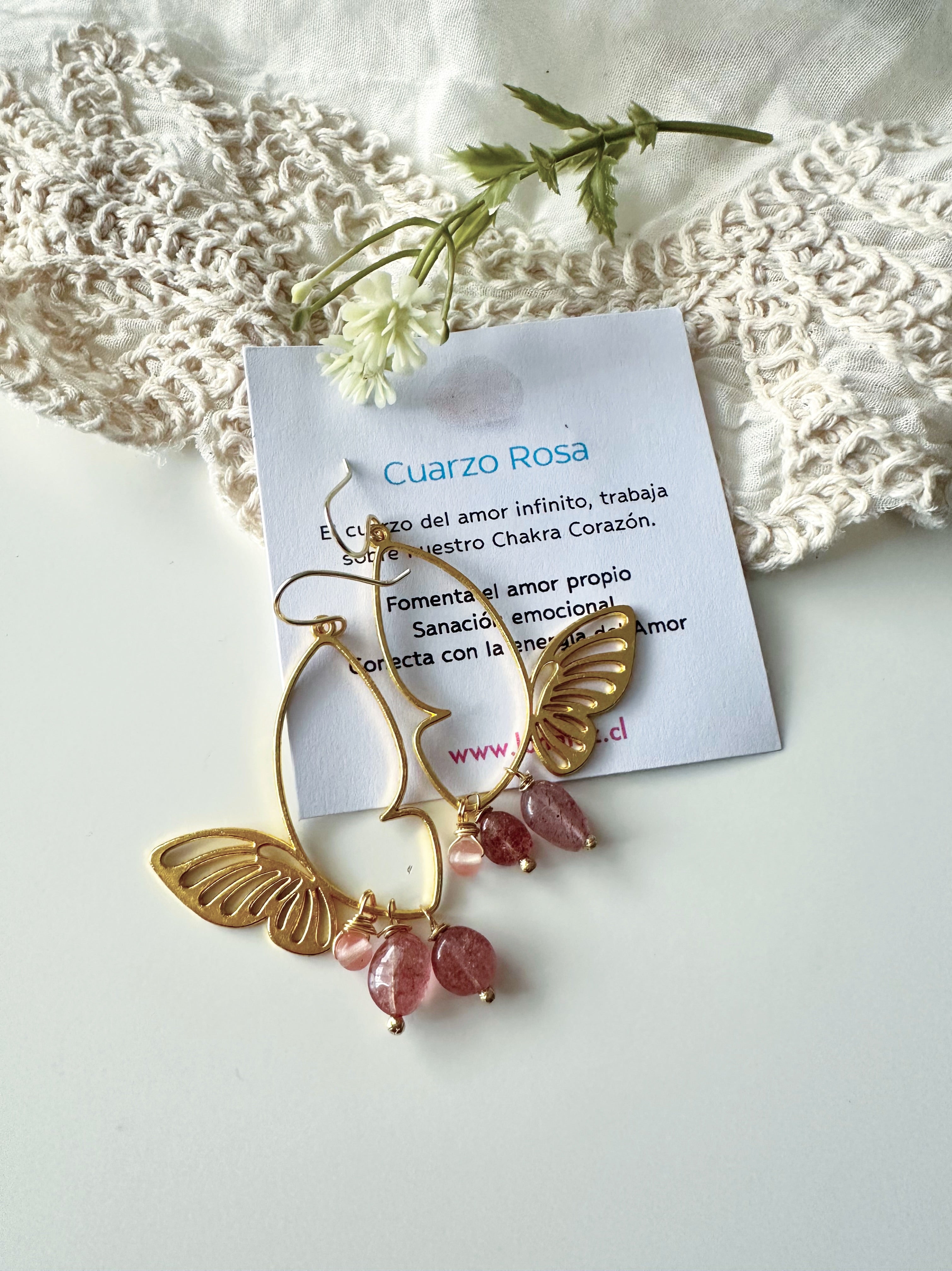 Aros Mariposa con Piedra Cuarzo Rosa “Alas de Amor”