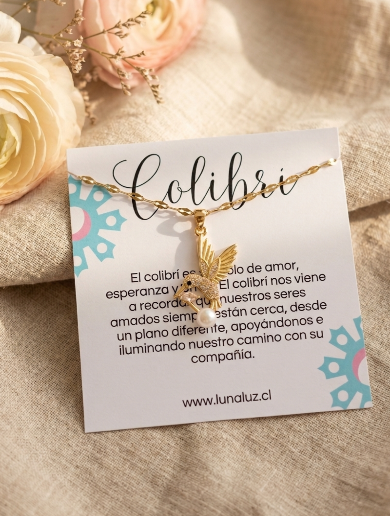 Collar Colibrí con perlita "Alegría, Esperanza y Magia de la Vida"