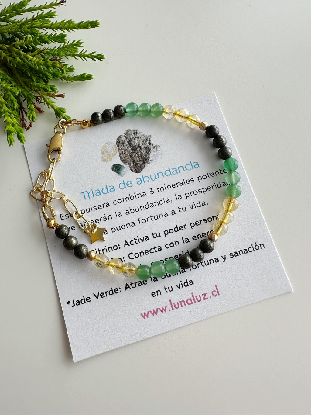 Pulsera “Triada de Abundancia”. Incluye significado de sus piedras y Packing para regalo
