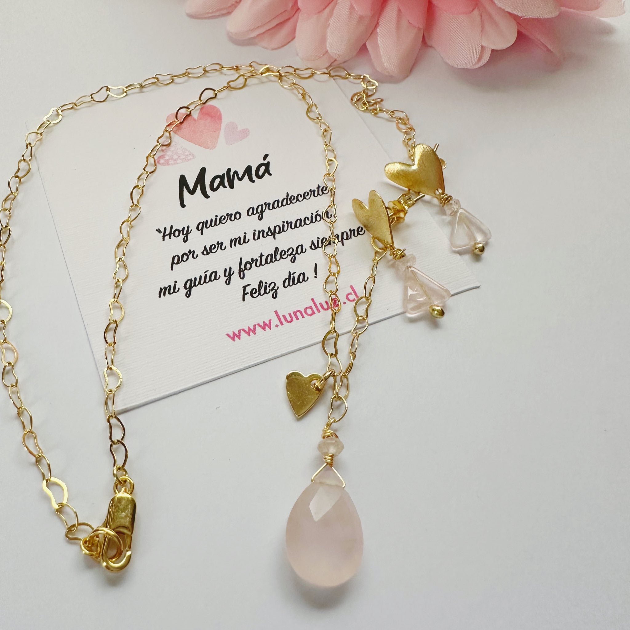 Conjunto Corazones de Cuarzo Rosa | Regalo para Mamá