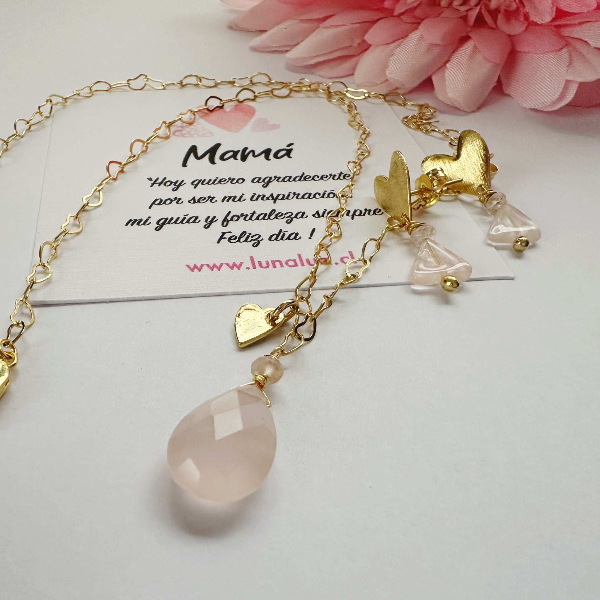 Conjunto Corazones de Cuarzo Rosa | Regalo para Mamá