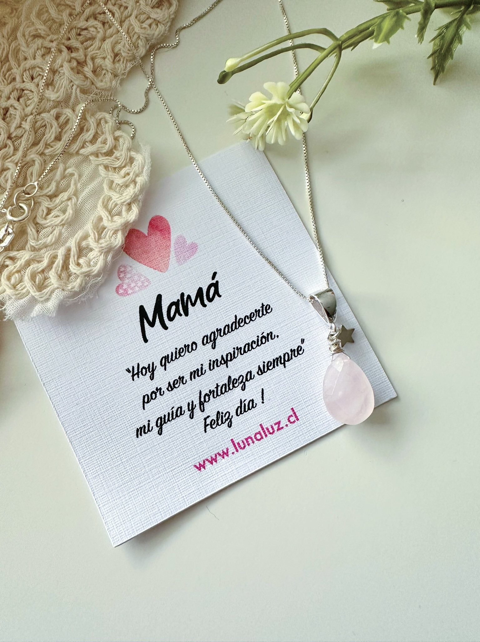 Collar Gota de Cuarzo Rosa con Estrella | Regalo para Mamá