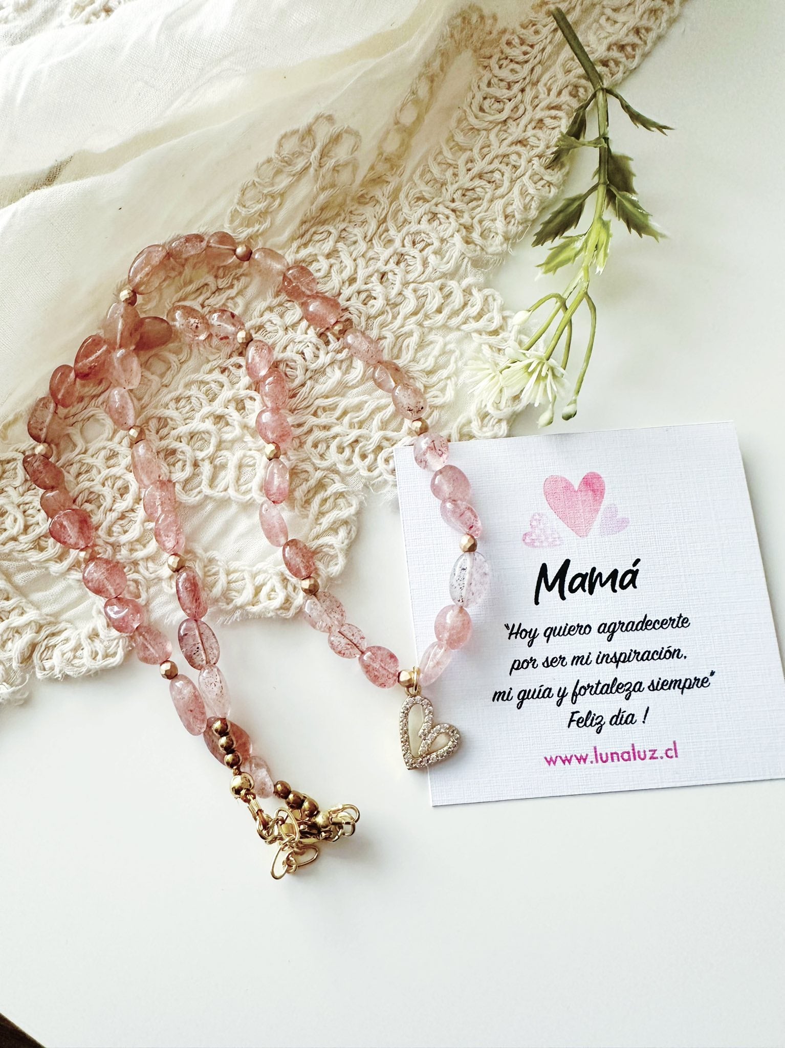 Collar Corazón de Cuarzo Rosa – Regalo de Amor Infinito para Mamá