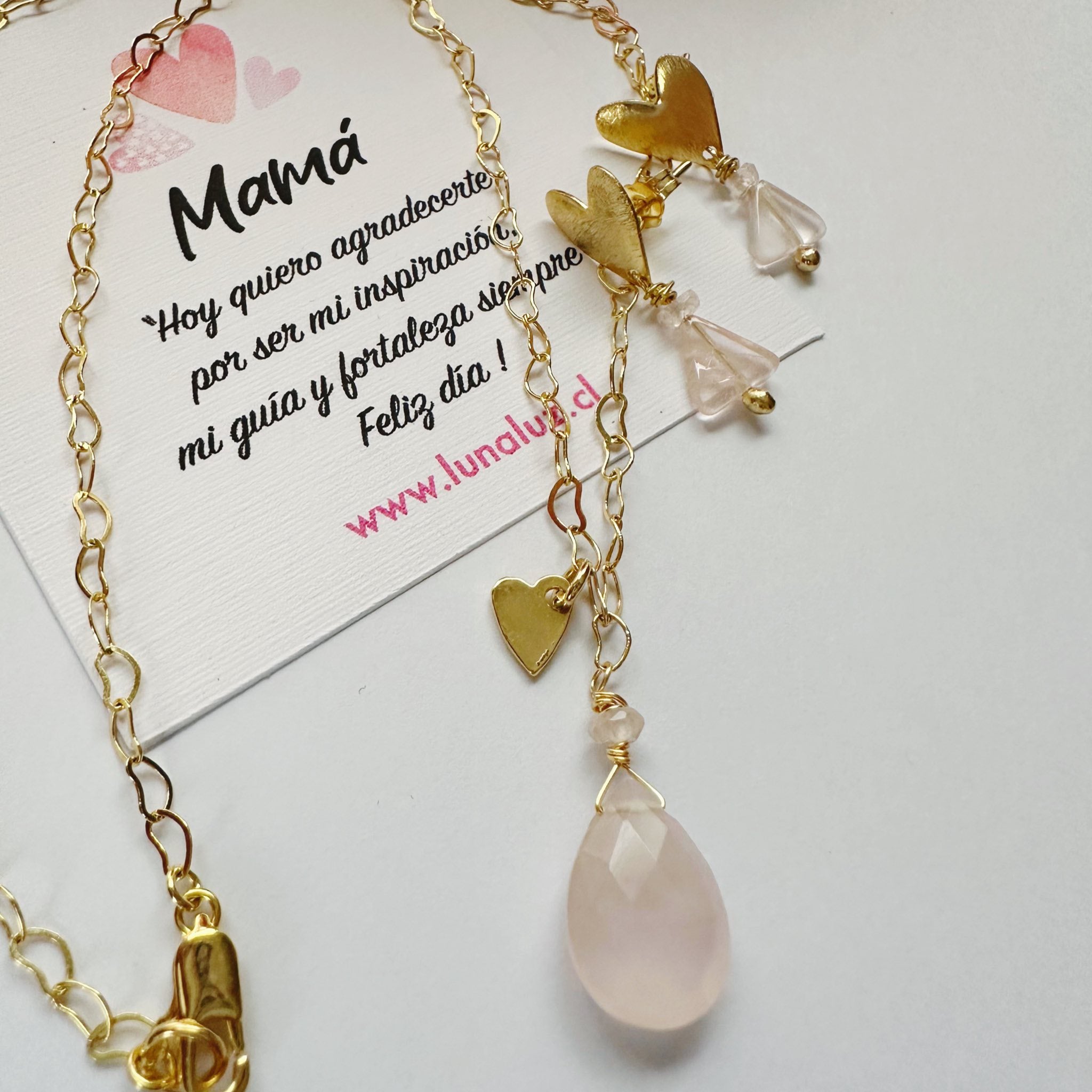 Conjunto Corazones de Cuarzo Rosa | Regalo para Mamá