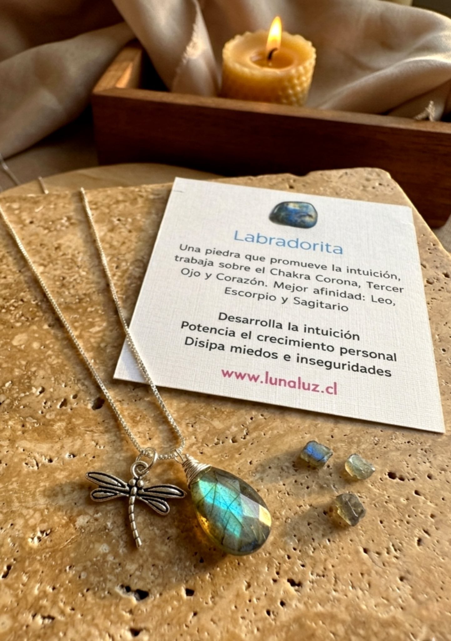 Collar de Plata 925 Amuleto Labradorita libélula . Incluye significado de la piedra y packing para regalo