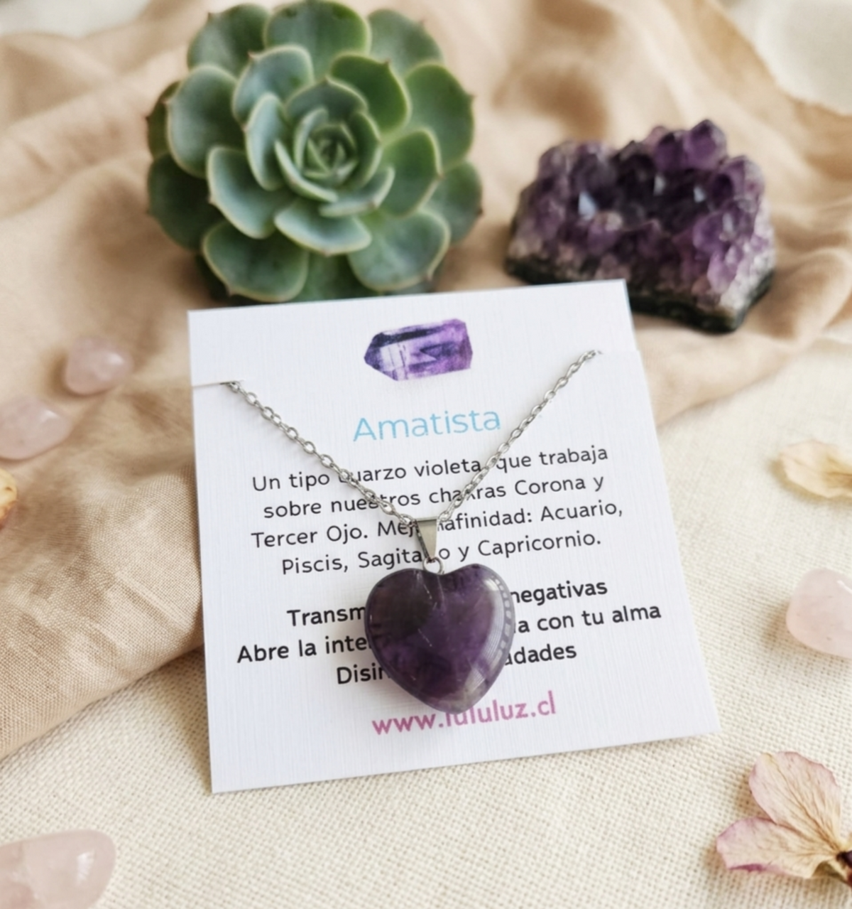 Collar "Calma y Equilibrio" corazón de piedra Amatista. Acero Quirurgico