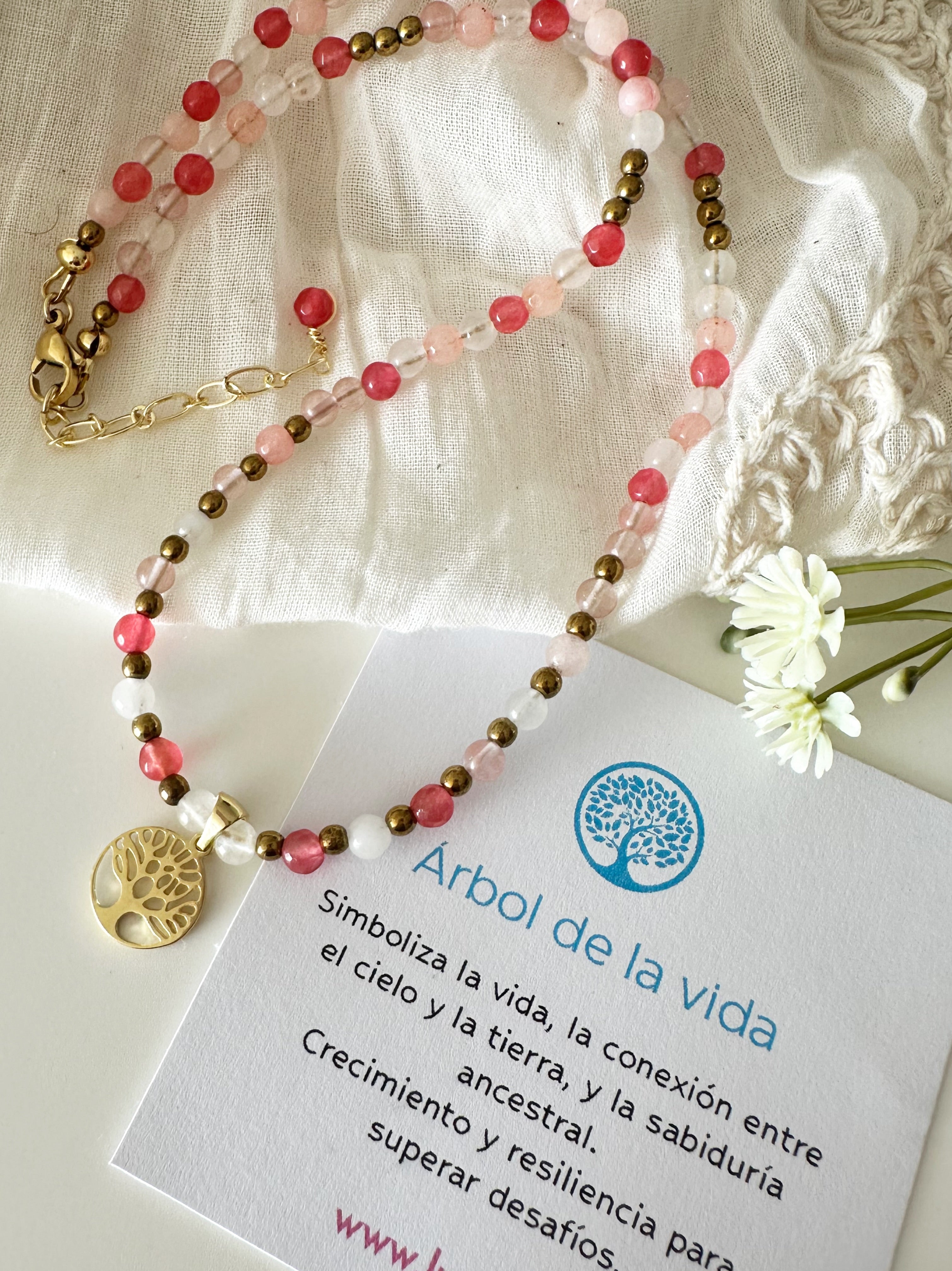 Collar Árbol de la Vida "Amor, Armonía y Crecimiento" con Piedras Naturales Rosadas