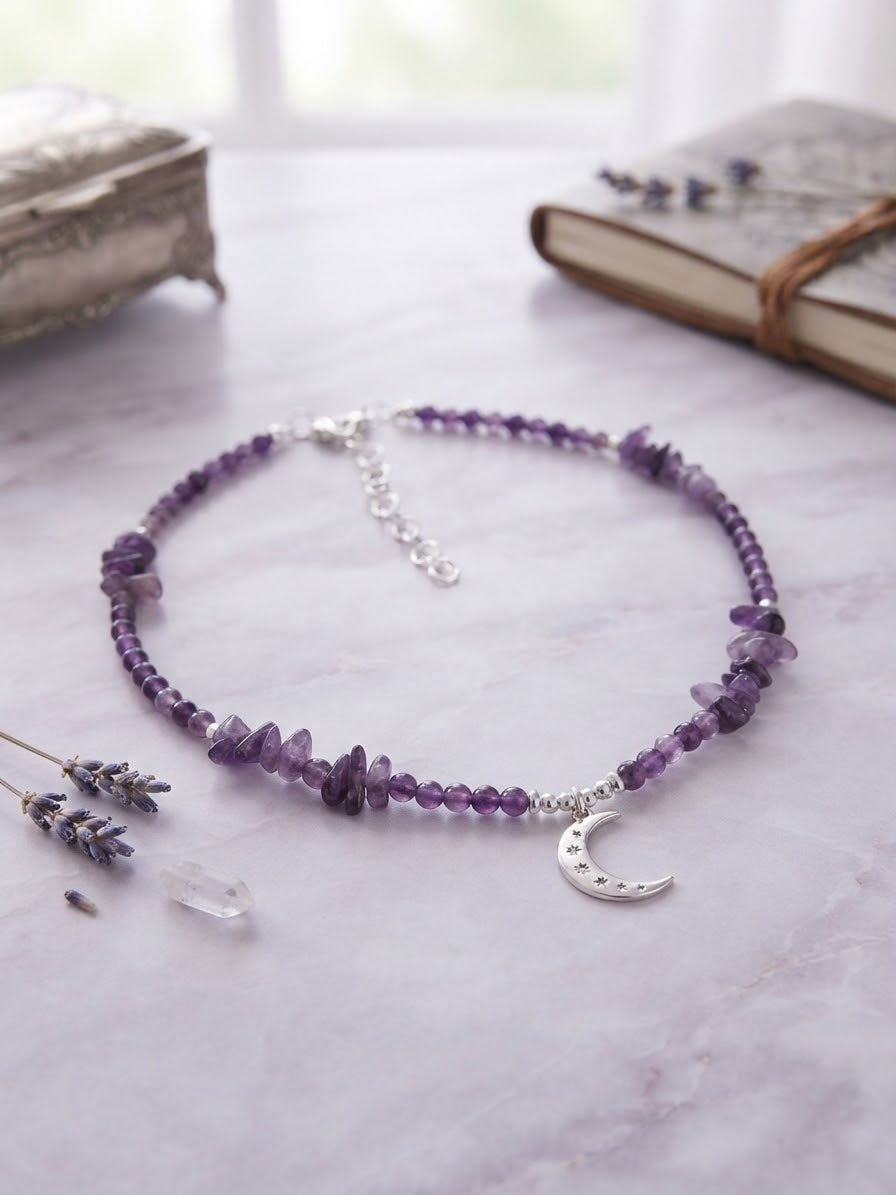 Collar “Mi Paz me fortalece” en piedras Amatista. Hay 3 variedades. Elige el tuyo. Enchape de Plata 950