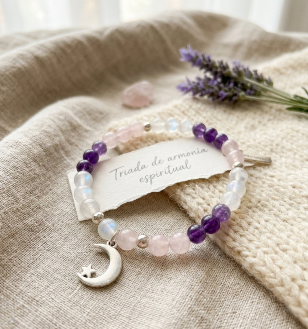 Pulsera Tríada de piedras naturales “Energía en Armonía” con Selenita, Cuarzo Rosa y Amatista