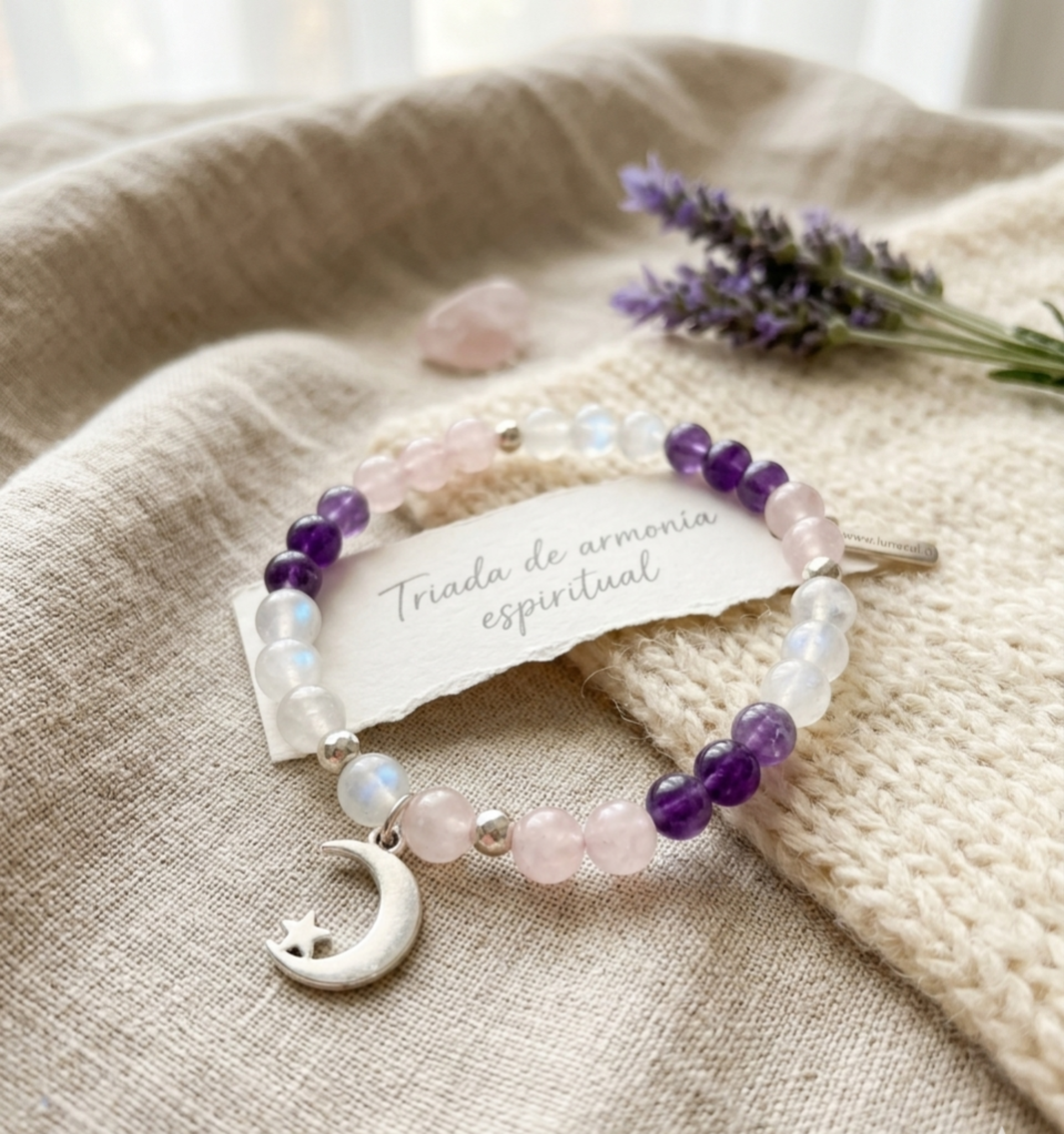Pulsera Tríada de piedras naturales “Energía en Armonía” con Selenita, Cuarzo Rosa y Amatista