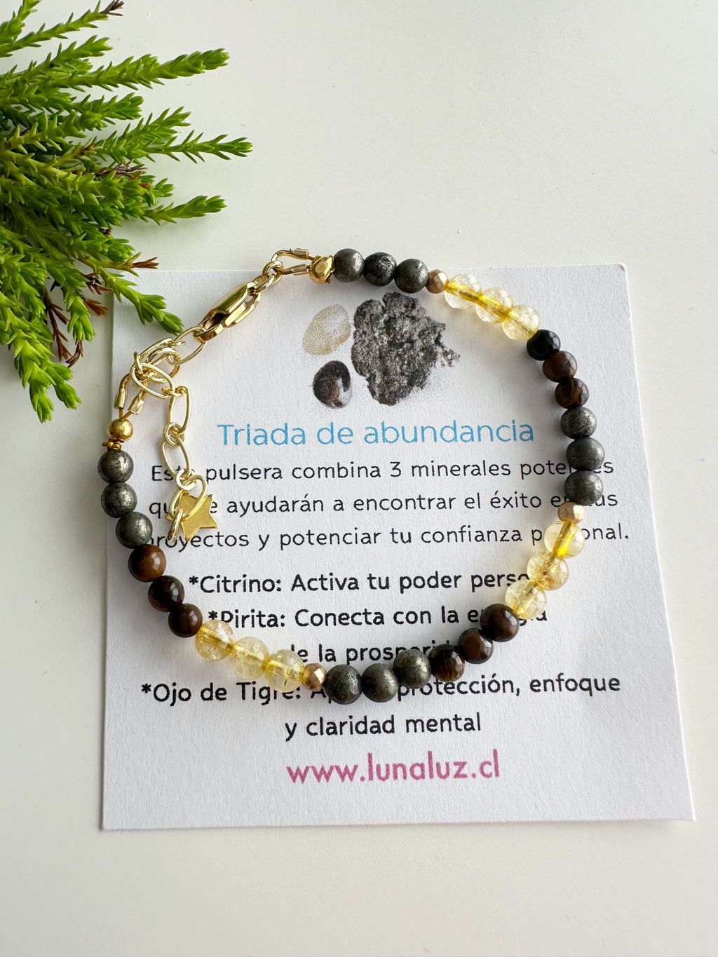 Pulsera “Triada de Abundancia”. Incluye significado de sus piedras y Packing para regalo
