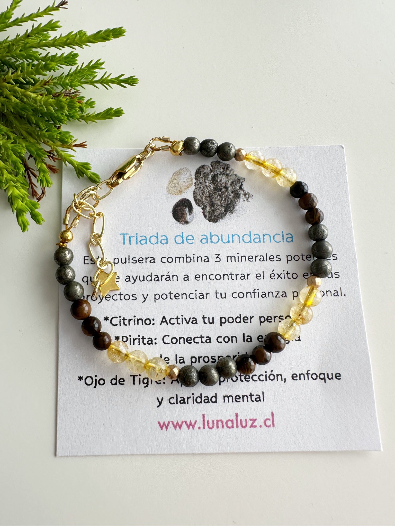Pulsera “Triada de Abundancia”. Incluye significado de sus piedras y Packing para regalo