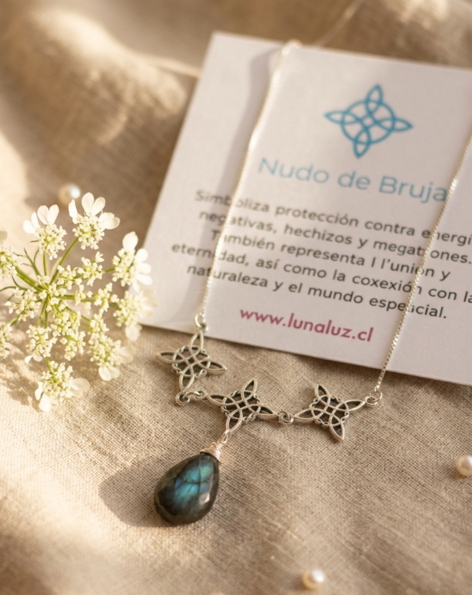 Collar trilogía "Protección Mística" Nudo de Bruja y piedra Labradorita