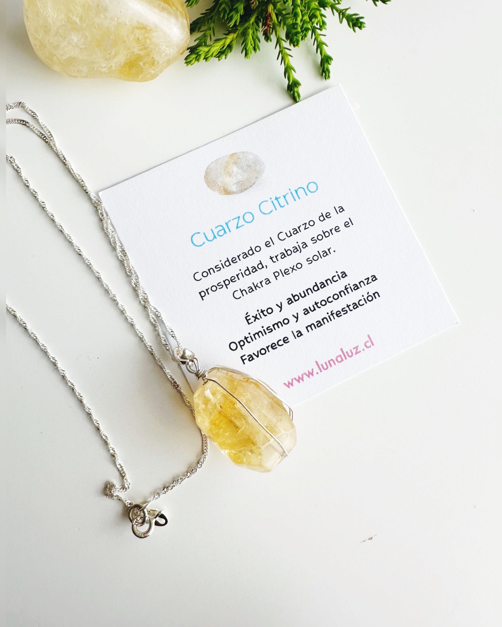 Collar de Plata 925 colgante Cuarzo Citrino. Incluye significado de la piedra y Packing para regalo