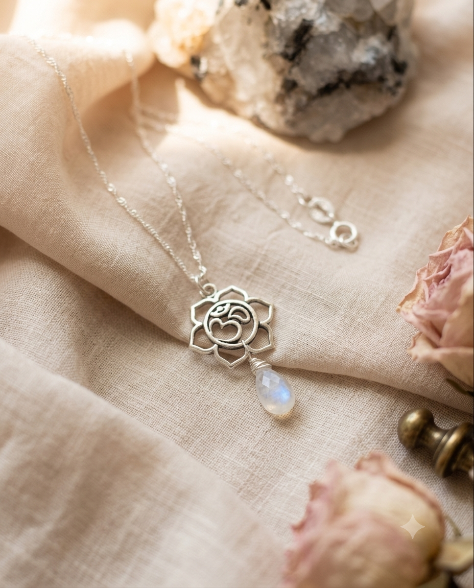 Collar con Piedra Luna y Símbolo Om con significado "Armonía Interior"