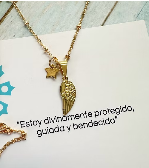 Collar amuleto Alita de ángel protección. Incluye mensaje especial y Packing para regalo