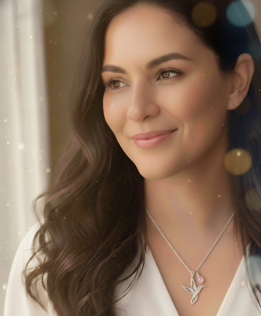 Collar silver Colibrí Cuarzo Rosa. Incluye significado y packing para regalo