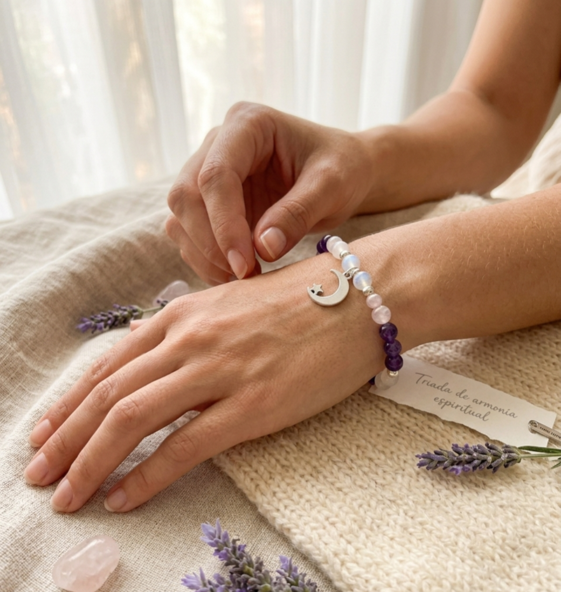 Pulsera Tríada de piedras naturales “Energía en Armonía” con Selenita, Cuarzo Rosa y Amatista